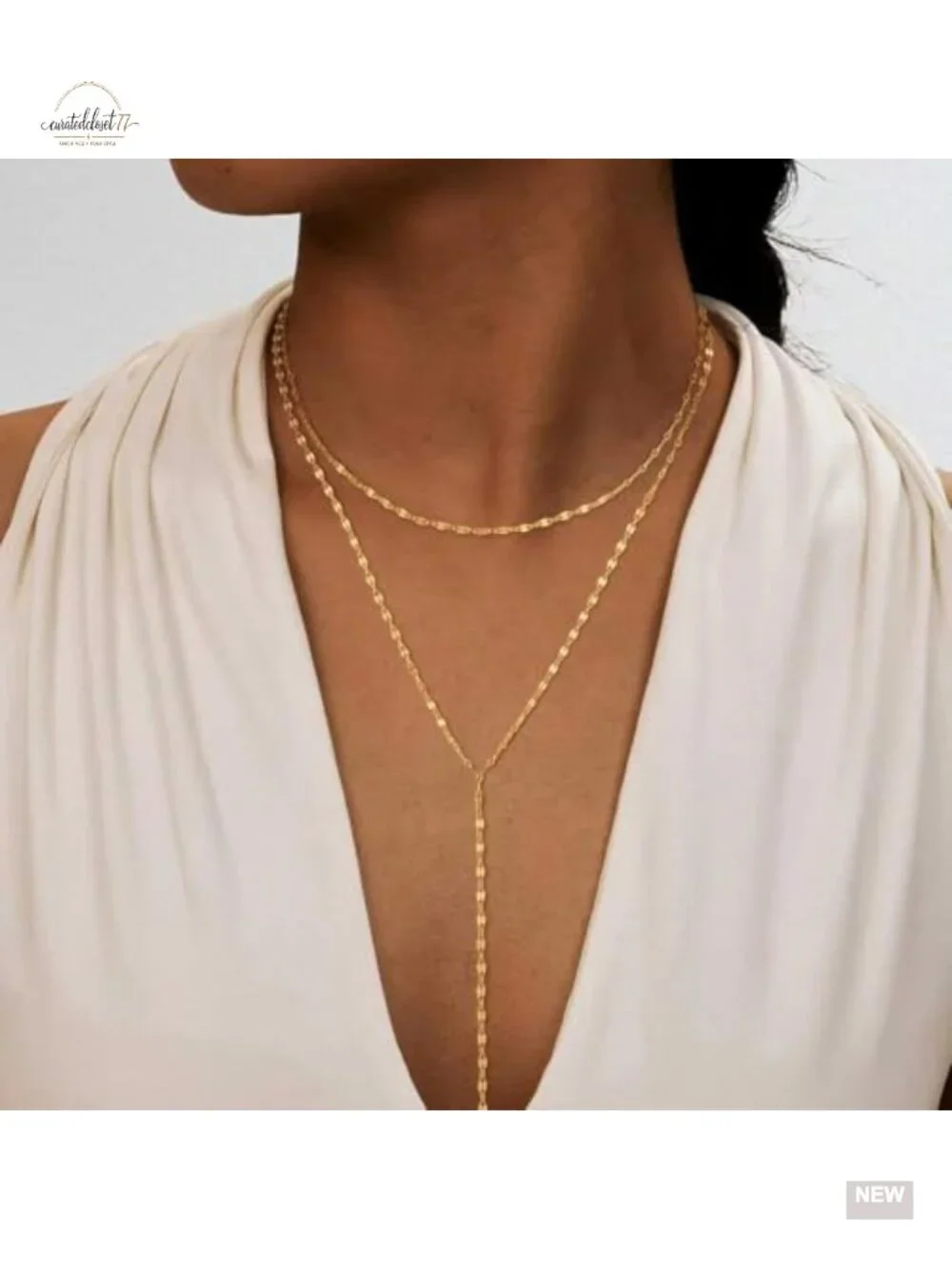 14K Gold Plated Layered Y-Necklace Set Dainty Chain Leaf Design Hypoallergenic
